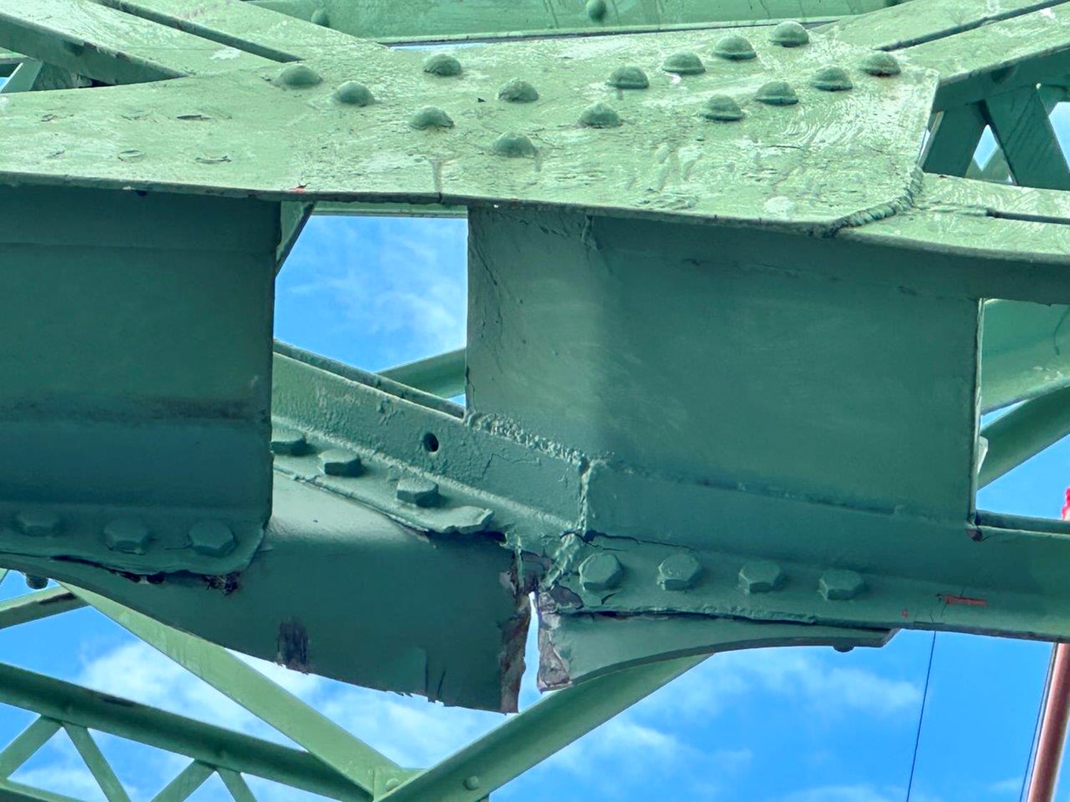 This provided photo shows damage to lateral bracings on the lift span of the Hood River-White Salmon Bridge, caused by a truck hauling an excavator that was crossing the bridge on Thursday morning, June 27, 2024, traveling south from White Salmon to Hood River. The bridge will remain closed as engineers determine the extent of the damage.

