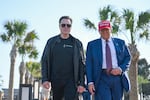 Elon Musk greets President-elect Donald Trump as they arrive to attend a viewing of the launch of the sixth test flight of the SpaceX Starship rocket on Nov. 19, 2024 in Brownsville, Texas.