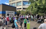 During a rally at PeaceHealth's University District hospital in Eugene on Sept. 11, 2023, Oregon Nurses Association executive director Anne Tan Piazza addresses the crowd.