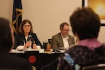 Mary Wahl, chair of the Oregon Department of Fish and Wildlife Commission, and ODFW Director Curt Melcher listen as Chairman of the Confederated Tribes of Siletz Indians Delores Pigsley, shares about what it would mean for the Siletz tribe to oversee hunting and fishing licenses for its members. At the June 16 meeting, the ODFW commission unanimously passed its Memorandum of Agreement with Siletz.