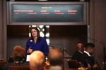 Oregon Sen. Sara Gelser, D-Corvallis, addresses fellow senators on the Senate floor Monday, Jan. 14, 2019.