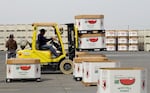 A yellow forklift driven by a man in a hoodie and jeans carries two boxes of watermelons. The equipment is surrounded by other watermelon boxes with the Walchli Farms logo on them.