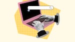 Trend artwork 3D sketch image photo collage of clock time deadline business miniature anonym hands search website internet display laptop.