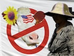 FILE - A woman walks past a sign protesting U.S. beef imports during a May Day rally in downtown Seoul, South Korea, Tuesday, May 1, 2012. Many nations blocked imports of American beef following a mad cow disease scare in the early 2000s.