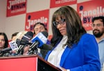 Janelle Bynum gives an acceptance speech at her campaign headquarters in Clackamas, Ore., after winning the race to represent Oregon's Fifth Congressional District, Nov. 8, 2024. Bynum will be Oregon's first Black member of Congress. 