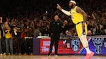 James reacts after scoring to pass Abdul-Jabbar's career record total of 38,387 points against the Oklahoma City Thunder in Los Angeles.