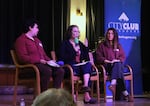 Eugene Clean Energy Fund supporters Tim Herrera, left, and Aya Cockram, center, debate opposition campaign volunteer Laura Sedwick, right, at City Club of Eugene, Sept. 25, 2026.