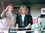 Pat Sajak and Vanna White prepare to tour cities across the country in 1987 aboard the Wheel of Fortune Express.