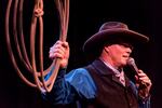 Tom Swearingen, Oregon cowboy poet, pictured on stage at Portland's Artichoke Music in 2018.