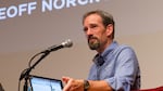 OPB Morning Edition Host Geoff Norcross addresses the audience at Wordstock at Whitsell Auditorium in the Portland Art Museum in Portland, Oregon, Saturday, Nov. 5, 2016.