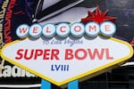 Super Bowl LVIII signage is seen outside of Allegiant Stadium on February 07, 2024 in Las Vegas, Nevada.