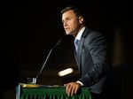 Dan Rayfield speaks at the Democratic election night party held at the Hilton in Portland, Ore., Nov. 5, 2024.