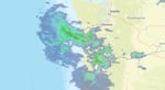 A map shows the Washington and Oregon coasts, with blue, green and grey radar imagery showing where rain is expected