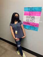 Stephanie, an eighth grader at North Middle School in Grants Pass, has been hanging up posters and wearing a shirt to protest two staffers at her school who have started a campaign to change policies for transgender students.