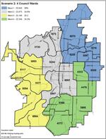 This map shows a proposed ward system for electing four of the six members of the Bend City Council.