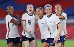 Players on the U.S Women's National Team celebrate their victory in the penalty shootout over the Netherlands in the Women's Quarter Final match of the Tokyo 2020 Olympics.