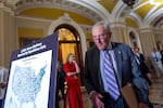 Senate Minority Leader Chuck Schumer, D-N.Y., arrives to speak with reporters about Senate Republicans' efforts to claw back $1.1 billion of funding authority from the Corporation for Public Broadcasting and about $8.3 billion from foreign aid programs targeted by DOGE, at the Capitol in Washington, Tuesday, July 15, 2025.