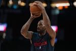 Los Angeles Clippers forward Kawhi Leonard warms up before an NBA basketball game April 10, 2026, in Portland, Ore.