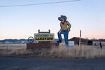 Lakeview's "Tall Man" greets visitors to the town on Dec. 11, 2025.