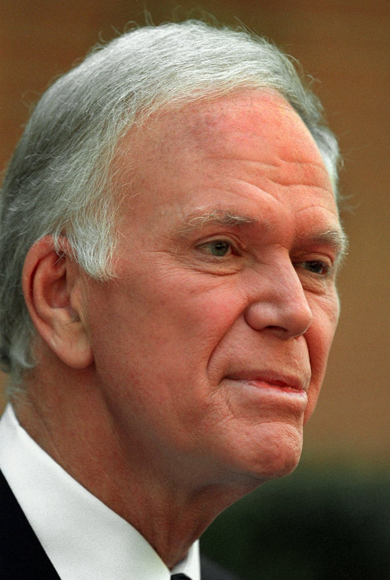 Senator Bob Packwood, R-Ore., pauses while speaking with reporters outside the CBS television studios in Washington Sunday, Sept. 10, 1995, following his appearance on the network's "Face the Nation" televison show. Packwood, forced from the Senate by charges of sexual misconduct and abuse of power, said Sunday his diary is littered with inaccuracies and won't help jog his memory. During his appearance on the show he repeated his qualified apology to the women who accused him of unwanted sexual advances.