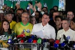 Opposition presidential candidate Sen. Flavio Bolsonaro speaks after the presidential runoff in , Brazil, Sunday, Oct. 25, 2026.