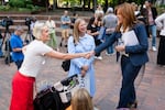 Republican candidate for Oregon governor Christine Drazan shakes hands with an attendee after a press conference at Terry Schrunk Plaza in downtown Portland, Ore., on Aug. 25, 2026.