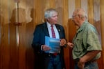 “You, Mr. Bentz, are the only member of the Oregon delegation who refuses to participate in town halls,” says Robert Haechrel of The Dalles, right. Haechrel says he would like Bentz to hold town halls and has attended town halls of representatives from both parties over the years, saying "Some were raucous, none were riots and they were all informative."