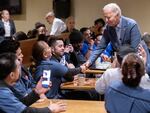 President Biden speaks with members of the Culinary Workers Union Local 226 following their successful contract negotiations at the Vdara Hotel in Las Vegas on Monday.