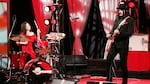 Jack White and Meg White of the White Stripes perform on "The Daily Show With Jon Stewart," the first live band performance for the show, Dec.1, 2005, in New York City.