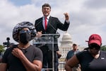 Joe Kent, a Republican primary candidate for Washington's 3rd Congressional District, speaks during Justice For J6 rally, near the U.S. Capitol in Washington, Saturday, Sept. 18, 2021. The rally was planned by allies of former President Donald Trump and aimed at supporting the so-called "political prisoners" of the Jan. 6 insurrection at the U.S. Capitol.