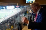 Former President Donald Trump watches the Pittsburgh Steelers play a home game against the New York Jets on Oct. 20, 2024