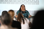 Elese Washines hosted much of the preview for educators on Aug. 19, 2026, at the Chief Kitsap Academy on the Port Madison Indian Reservation southeast of Poulsbo. Washines is a long-time educator, a member and employee of the Yakama Nation as an education manager. She was one of the people who worked on the Suquamish Tribe-focused curriculum.