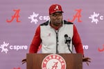 FILE - Alabama wide receiver coach JaMarcus Shephard speaks to the media after the team's spring NCAA college football practice, March 8, 2024, in Tuscaloosa, Ala.
