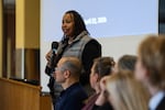 Portland Public School Superintendent Kimberlee Armstrong speaks to the audience.