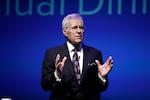 In this Oct. 1, 2018, file photo, moderator Alex Trebek speaks in Hershey, Pa.