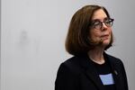 Oregon Gov. Kate Brown announced the closure of all bars and restaurants in the state and a ban on gatherings of 25 or more people in a press conference with Oregon health leaders in Portland, Oregon, on March 16, 2020.