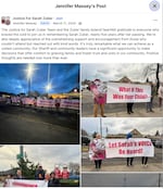 A March 11, 2024 post in the Facebook group “Justice for Sarah Zuber” shows participants holding signs on a roadside in St. Helens, urging Sheriff Pixley to investigate the death of Sarah Zuber near the five years after her death. 