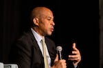 Democratic Sen. Cory Booker of New Jersey speaks on stage at the Cannabis Capital & Policy Summit.