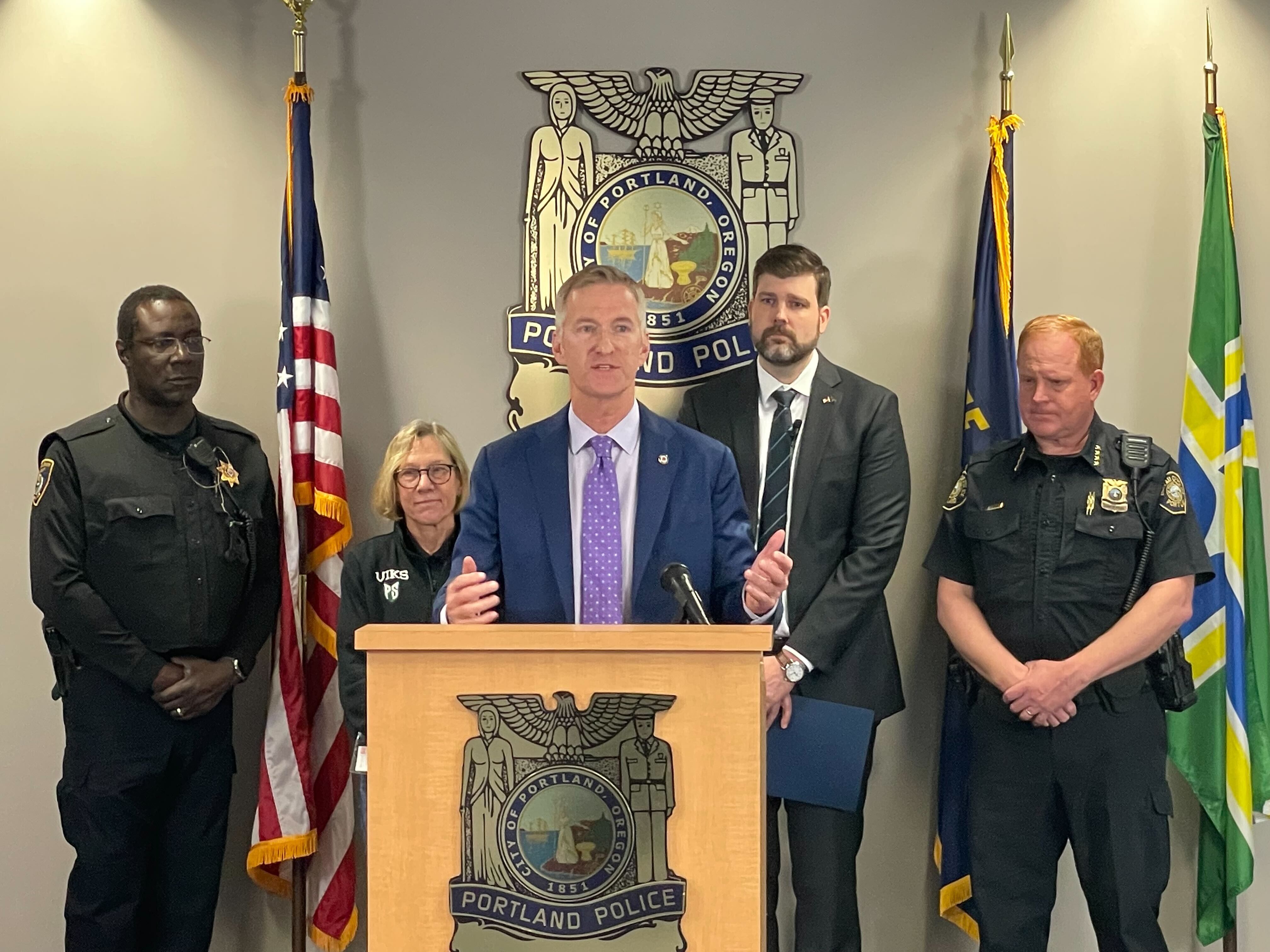 Portland Mayor Ted Wheeler, center, speaks at a Portland Police Bureau presser in Portland, Ore., on May 2, 2024, being flanked by (from left to right)  Portland State University Chief of Campus Public Safety Willie Halliburton, Portland State University President Ann Cudd, Multnomah County District Attorney Mike Schmidt and Portland Police Chief Bob Day.