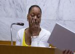 Demetria Hester testifies at the Jeremy Christian trial inside the Multnomah County Courthouse, Jan. 31, 2020.