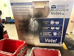 A damaged ballot box, on display at a press conference at Multnomah County Elections headquarters in Portland, Oct. 28, 2024. The device use to start the fire in the Portland ballot box was magnetic and was attached to the unit. Two ballot boxes were set on fire in Portland and Vancouver early Monday morning, one of them destroying hundreds of ballots that had been cast over the weekend.