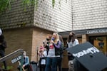 The family of Jason Washington, a man killed by PSU police in 2018, speak at a rally June 12, 2020, demanding the university disarm police.