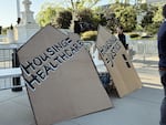 Early before arguments began at the U.S. Supreme Court on April 22, 2024, demonstrators set up signs for a "Housing Not Handcuffs" rally, which drew more than 600 people.