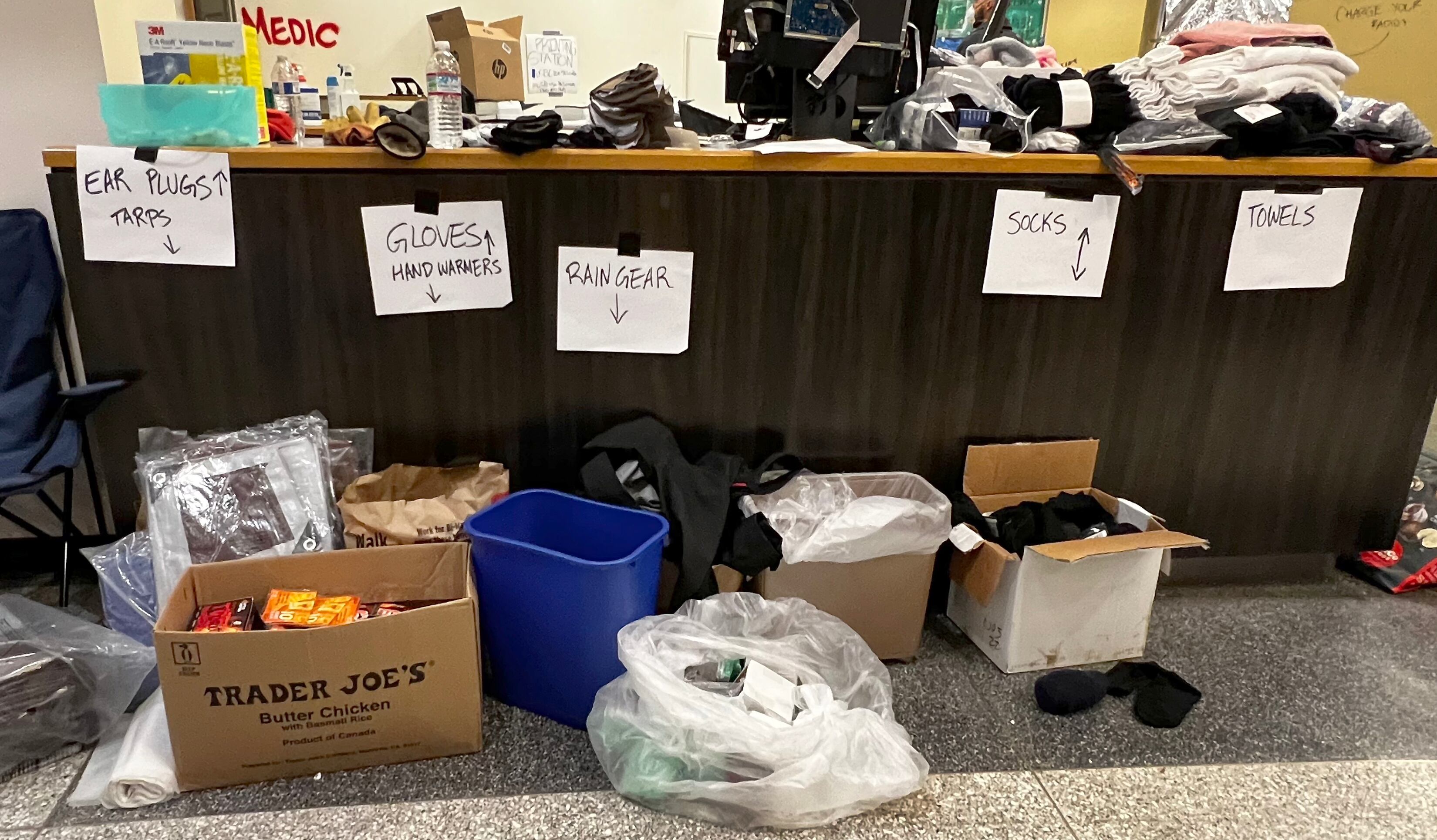 A supply area has been set up in the library's reference and technology help desk, on the north side of the first floor. Organizers say all the items have been donated by the community.