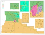 A map of the five proposed districts presented to Deschutes County commissioners during a board meeting in Bend, Ore., on Dec. 3, 2025.