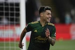 Portland Timbers forward Felipe Mora celebrates after scoring a goal against Real Salt Lake during the first half of the MLS soccer Western Conference final on Saturday, Dec. 4, 2021, in Portland.