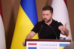 Ukrainian President Volodymyr Zelenskyy speaks during a joint press conference with Netherlands' Prime Minister Dick Schoof in Zaporizhzhia, Ukraine, Monday Sept. 2, 2024.