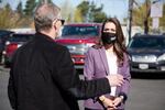 U.S. Rep. Jaime Herrera Beutler, R-Battle Ground, right, talks with County Public Health Officer Dr. Alan Melnick during an April 5, 2021, visit to Clark County. The visit was one of her first public appearances since voting to impeach former President Donald Trump.