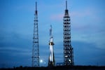 A Blue Origin New Glenn rocket stands ready for launch at the Cape Canaveral Space Force station in Cape Canaveral, Fla., April 18, 2026.