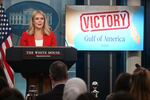 White House Press Secretary Karoline Leavitt speaks in front of a map of the Southeastern U.S. labeled "VICTORY" after the Associated Press unsuccessfully petitioned a court to restore its access to presidential events.